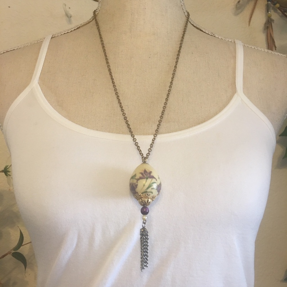 Vintage bead capped egg pendant on chain necklace